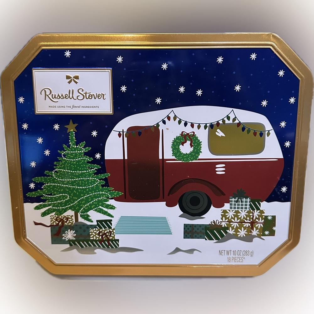 2025 CHRISTMAS HOLIDAY CAMPER GLAMPER TIN RUSSELL STOVER COLLECTIBLE GIFT 10”x8”